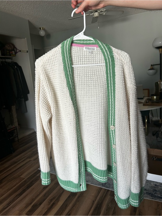 Sweaters - Cream Open Knit Cardigan with Green Trim - Women's Sweater